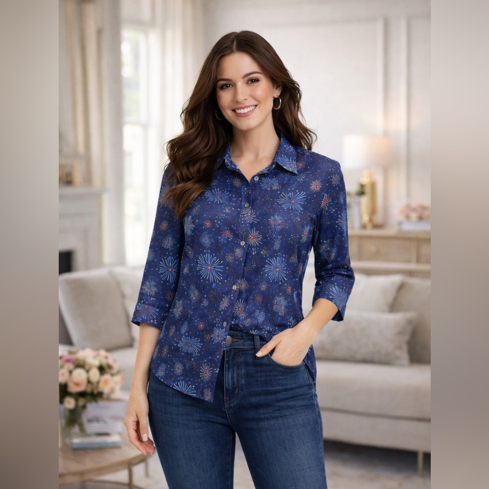 Blair Blue Fireworks Pattern Shirt 3/4 Sleeve Stars Patriotic
